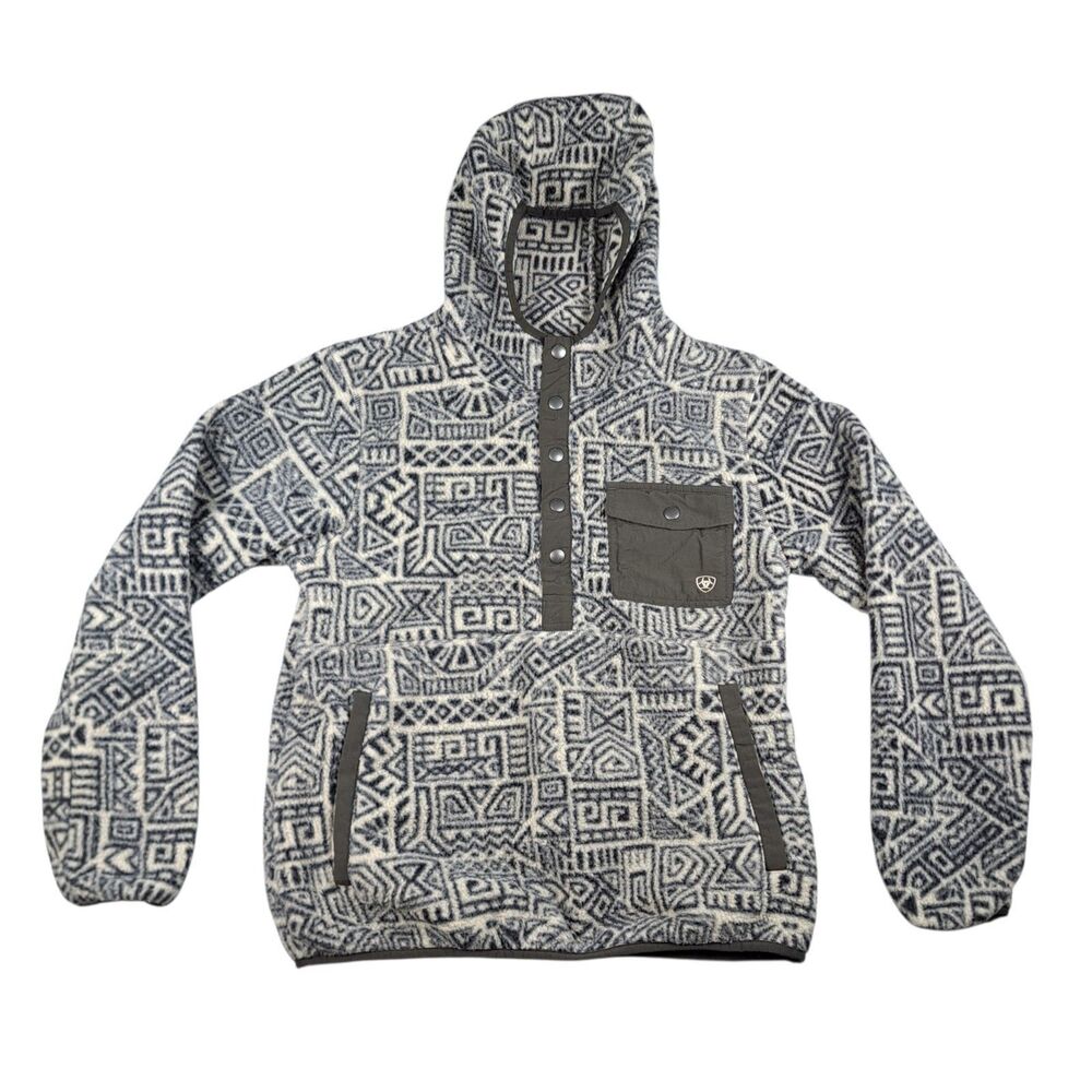 Ariat Mens S Polar Bear Fleece Hoodie Geometric Aztec 1/4 Snap Green Black White